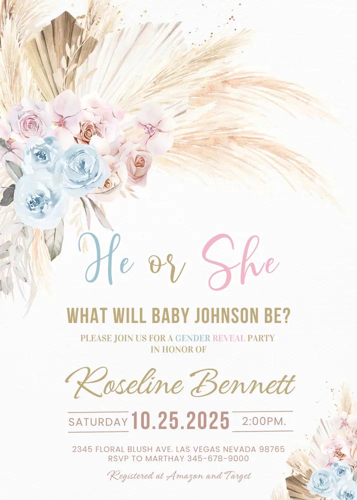 Boho Pampas Grass Baby Shower Invite | Bohemian Tropical Gender Reveal Canva