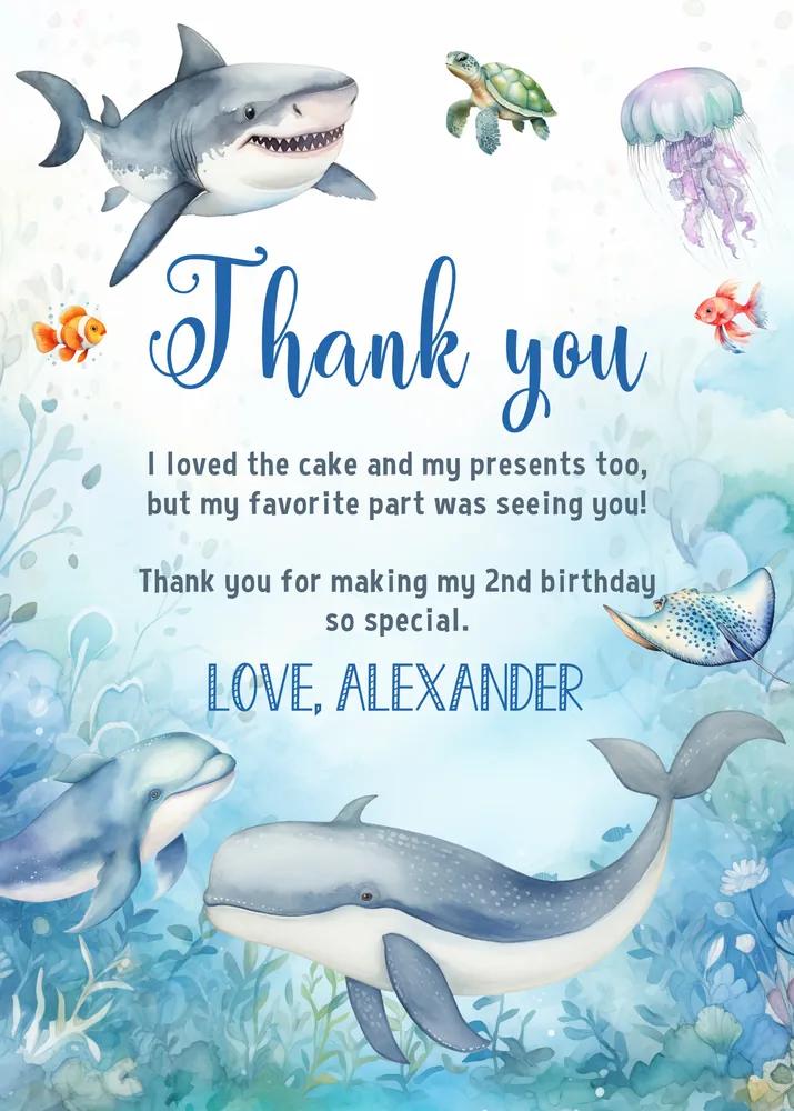Under the Sea Birthday Thank You Card Canva Template Ocean Animals Blue Whale