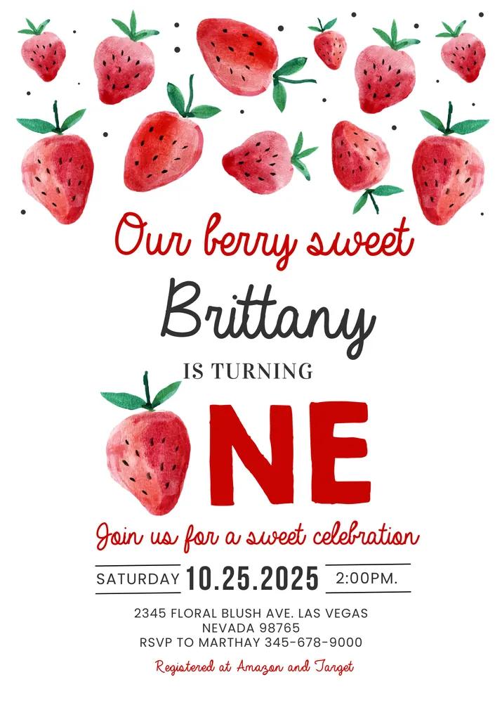 Berry First Birthday Invitation | Editable Canva Template Modern Strawberry