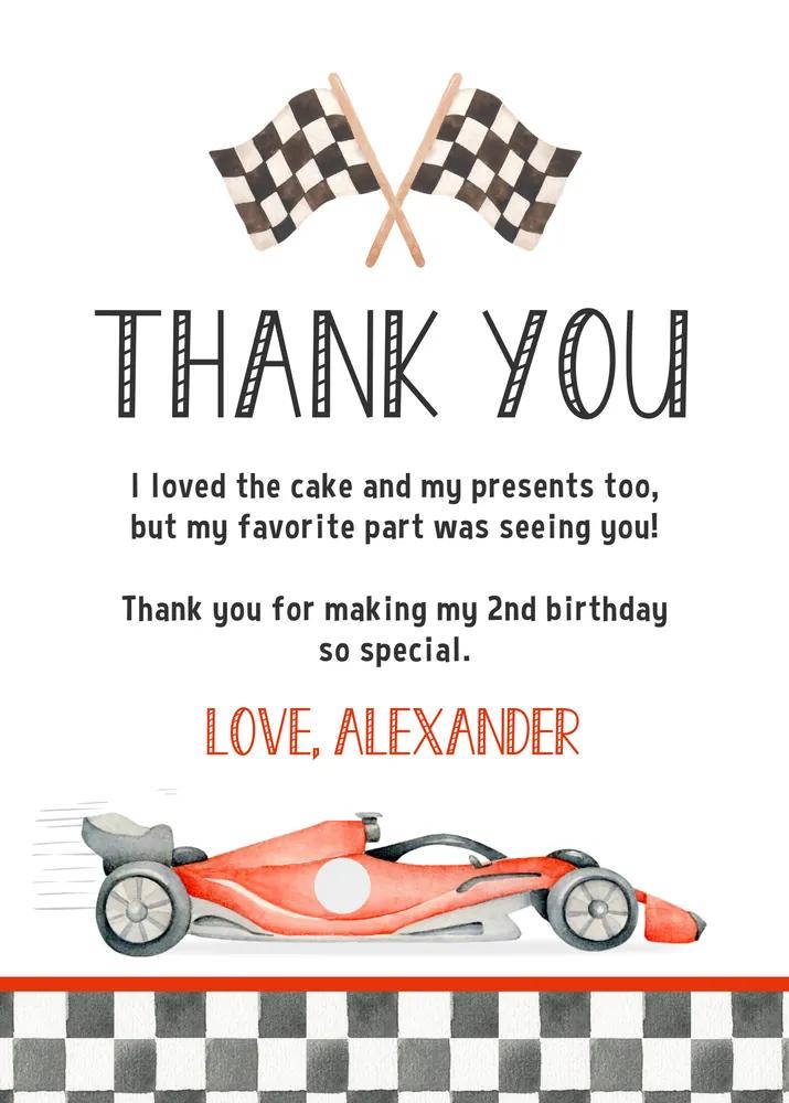 Two Fast Racecar 2nd Birthday Thank You Card Editable Canva Template