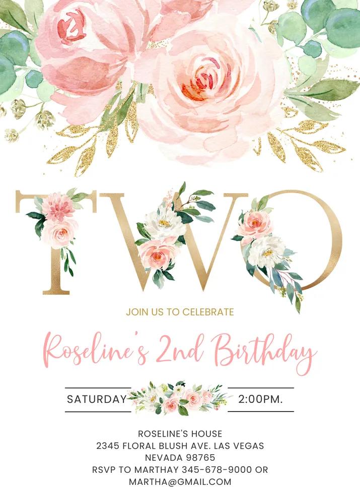 Blush Pink Floral 2nd Birthday Invitation | Editable Canva Template