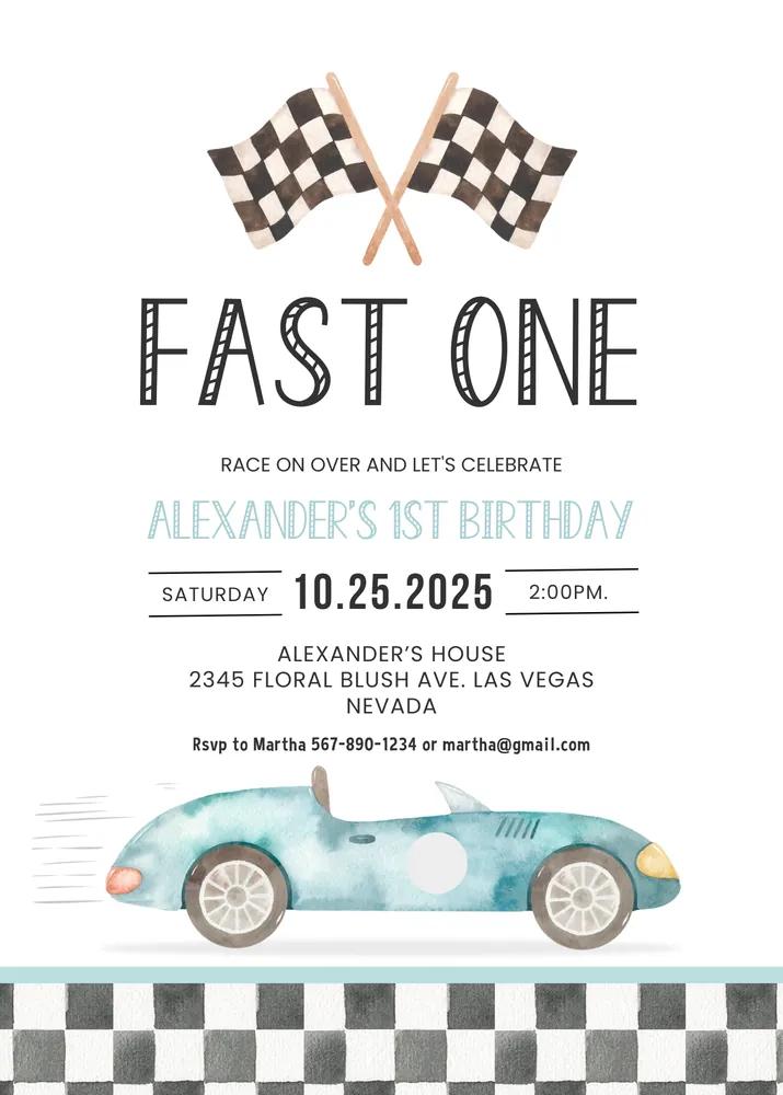 Fast One Racing Car 1st Birthday Invitation Canva Template Vintage Racecar