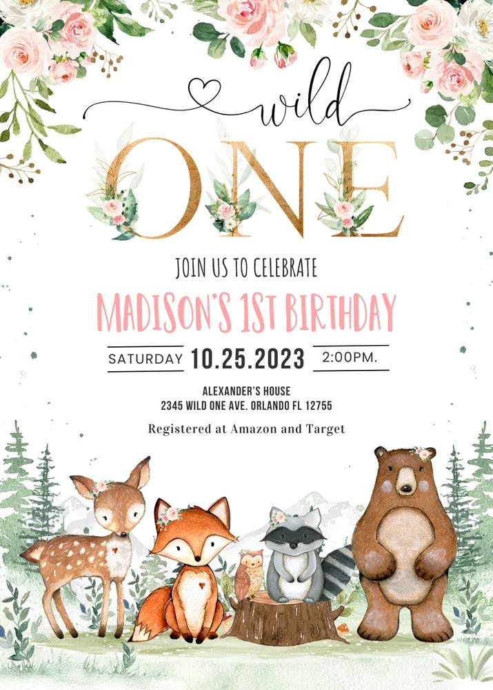 Woodland Birthday Invitation Girl Wild One Canva Template Instant Download