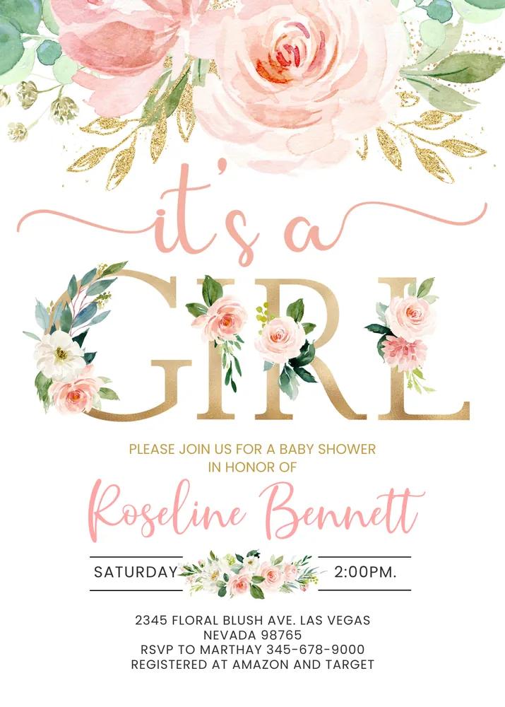 Blush Pink Floral Girl Baby Shower Invitation | Editable Canva Template