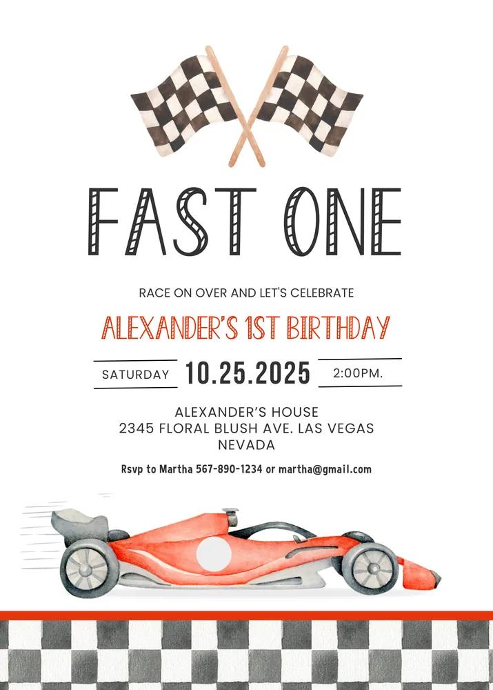 Fast One Racing Car 1st Birthday Invitation | Vintage Racecar Canva Template