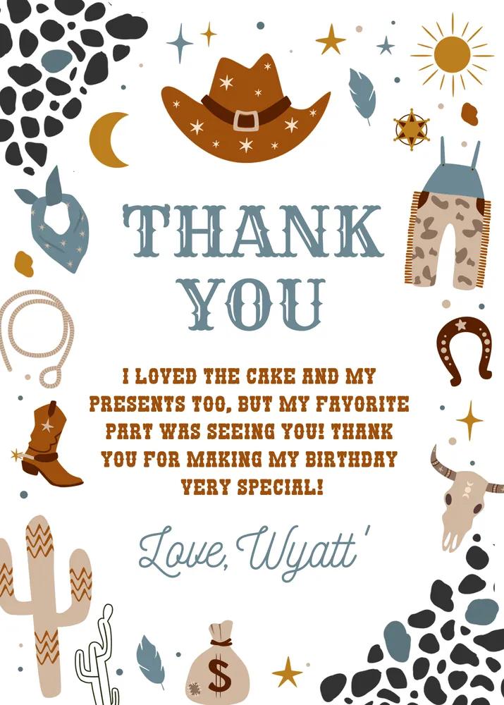 Editable My First Rodeo Birthday Thank You Card Cowboy Wild West Invitation