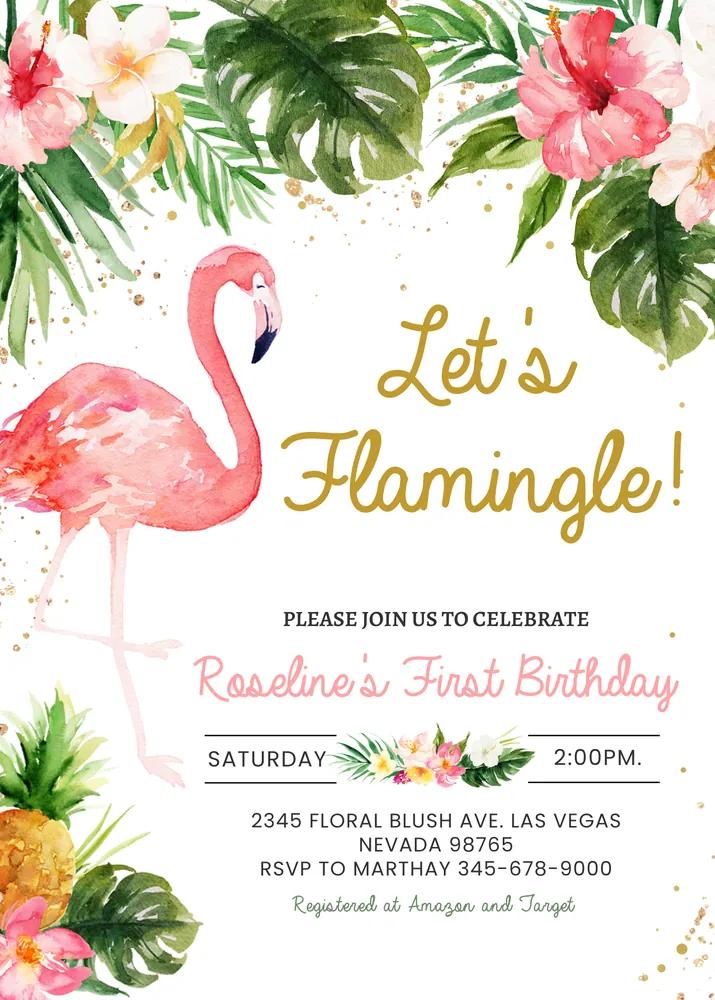 Flamingo Tropical Birthday Invitation | Editable Canva Template | 1st Birthday