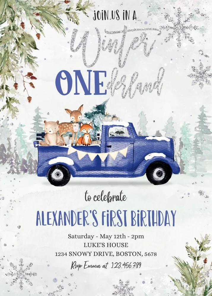 Winter Onederland 1st Birthday Invite | Blue Truck Boy Canva Template