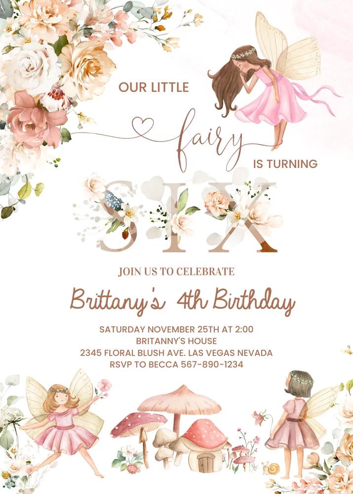 6th Fairy Birthday Invitation, Wildflower Floral Magical Girl Canva Template