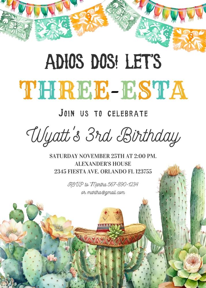 Three-esta Birthday Invitation Mexican Fiesta 3rd Birthday Canva Template