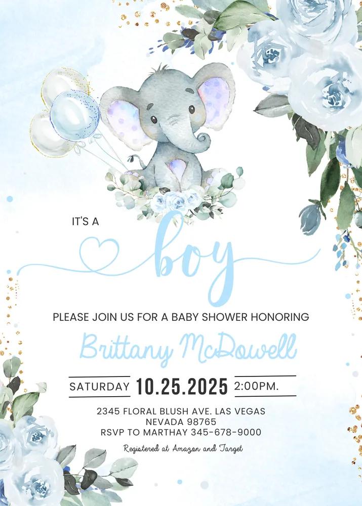 Blue Elephant Baby Shower Invitation | Editable Boy Canva Template | Boy Invite