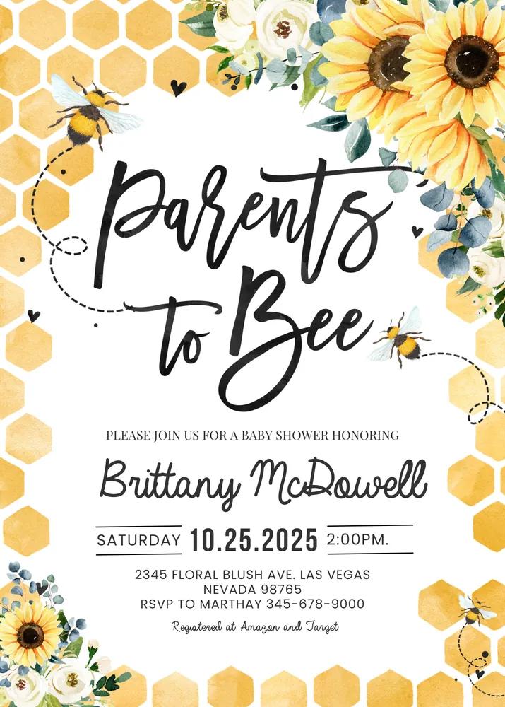 Parents to Bee Baby Shower Invitation | Sunflower Honey Bee Canva Template