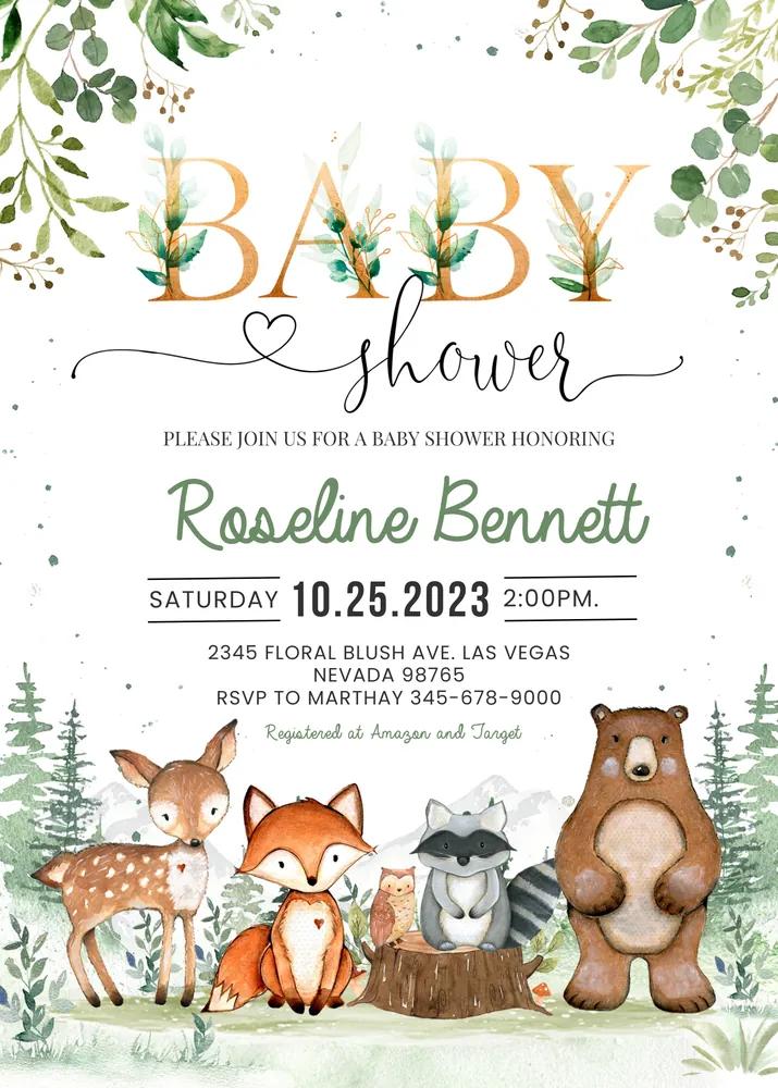 Woodland Baby Shower Invitation | Editable Canva Template | Gender Neutral DIY