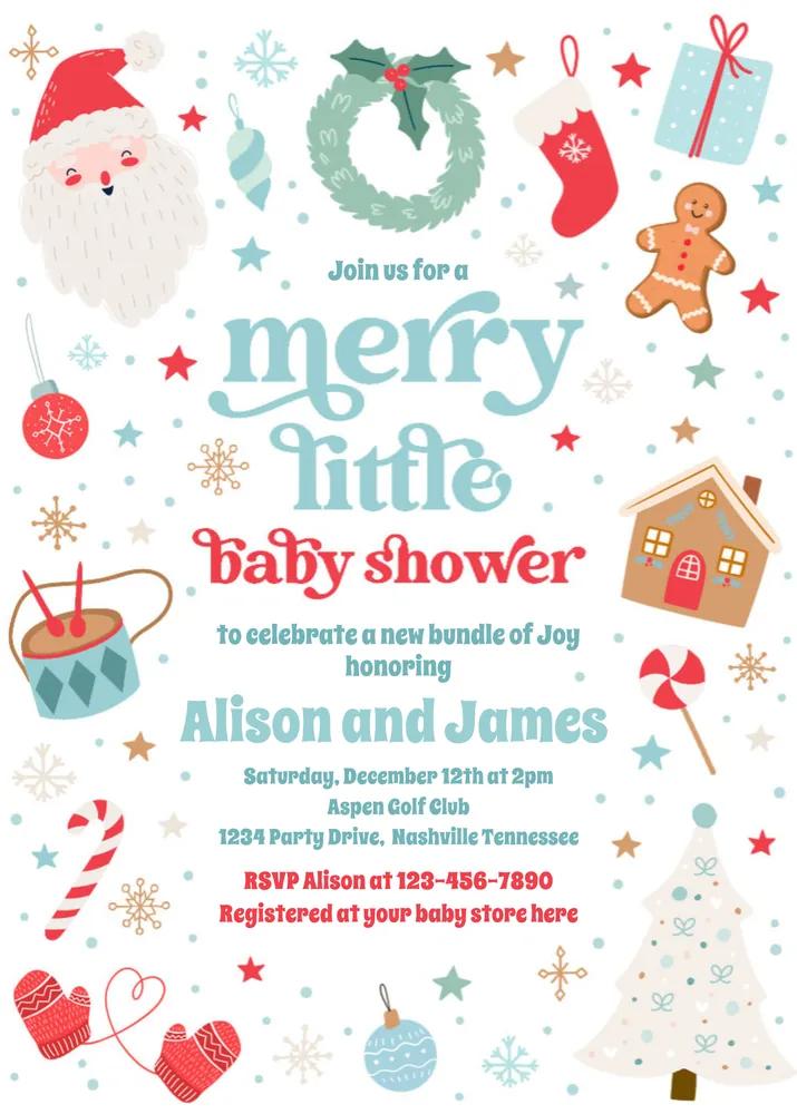 Merry Little Christmas Baby Shower Invitation - Red & Blue Canva Template