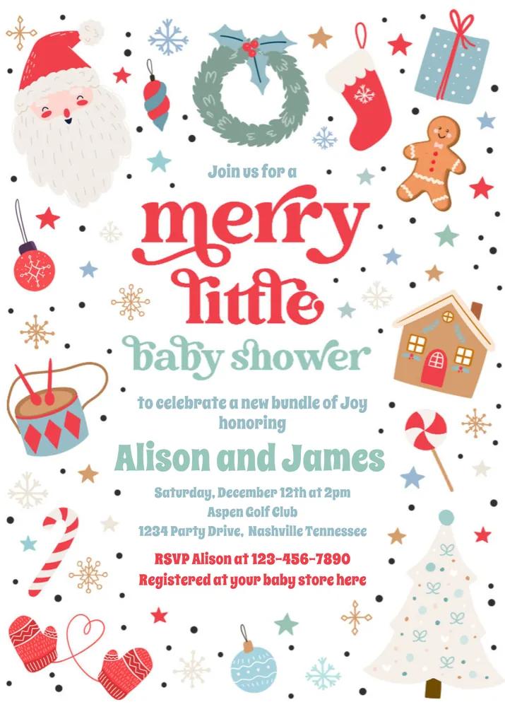 Merry Little Christmas Baby Shower Invitation Red Blue Canva Template