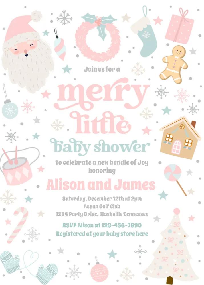 Pink & Silver Merry Little Christmas Baby Shower Invite - Canva Template