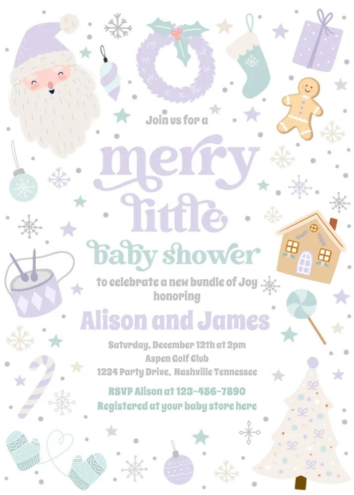 Purple and Silver Merry Little Christmas Baby Shower Canva Template