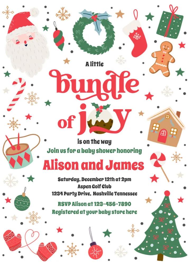 Bundle of Joy Red Traditional Winter Baby Shower Invitation Canva Template