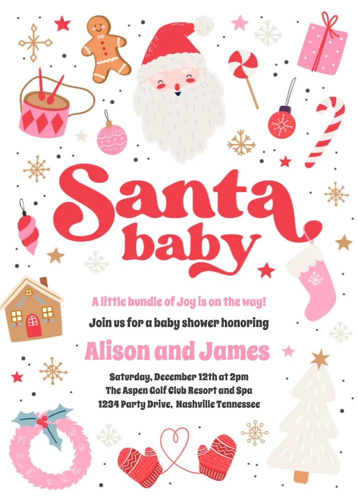 Santa Baby Shower Invitation - Pink and Red Christmas Canva Template