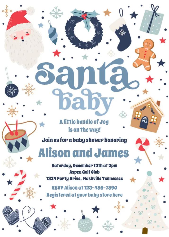 Santa Baby Shower Invitation - Red and Blue Christmas Canva Template