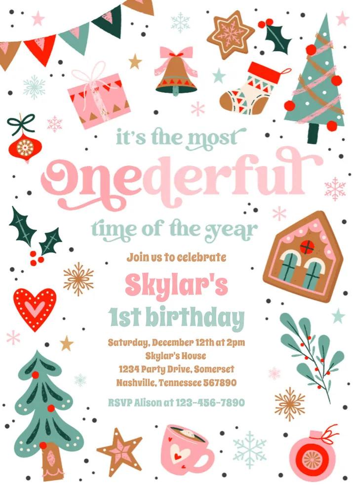 Winter Onederland Pink Christmas Birthday Invitation Canva Template