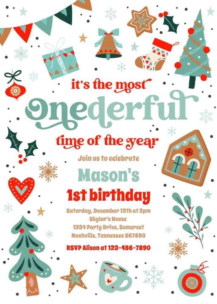 Winter ONEderland Blue Christmas 1st Birthday Invitation Canva Template