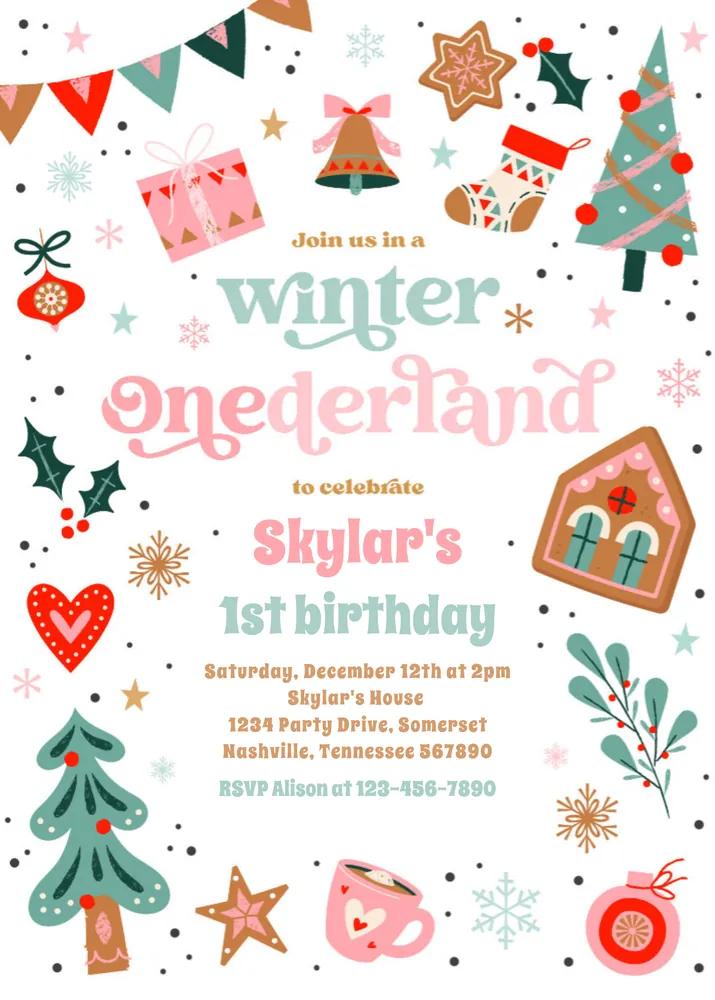 Pink Winter Onederland Birthday Invitation - Editable Canva Template
