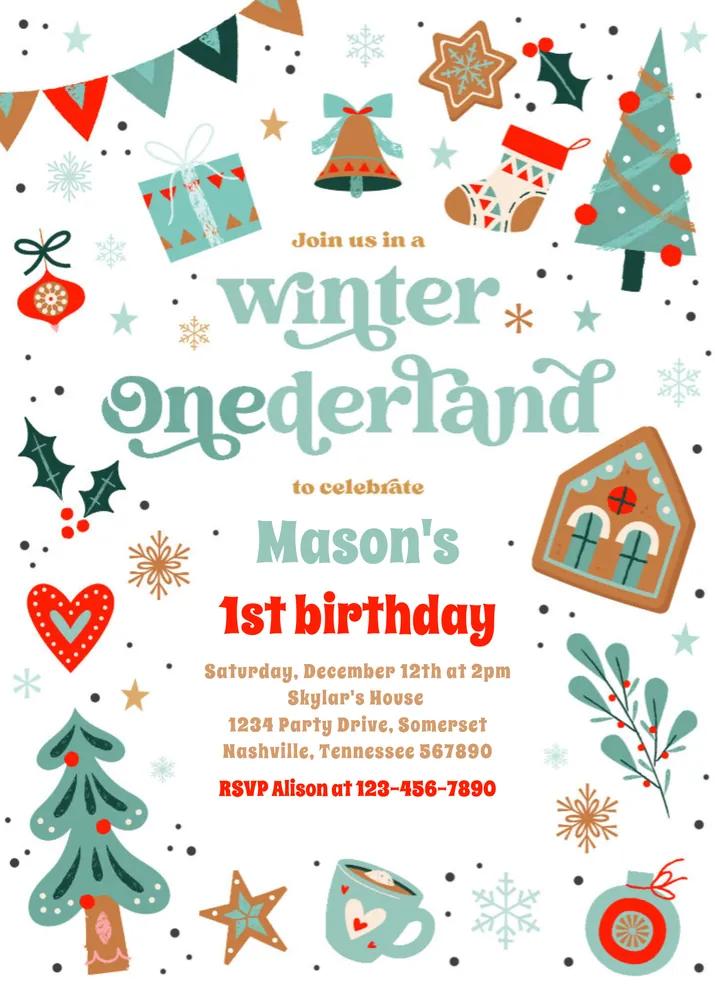 Winter Onederland Blue Christmas 1st Birthday Invitation Canva Template