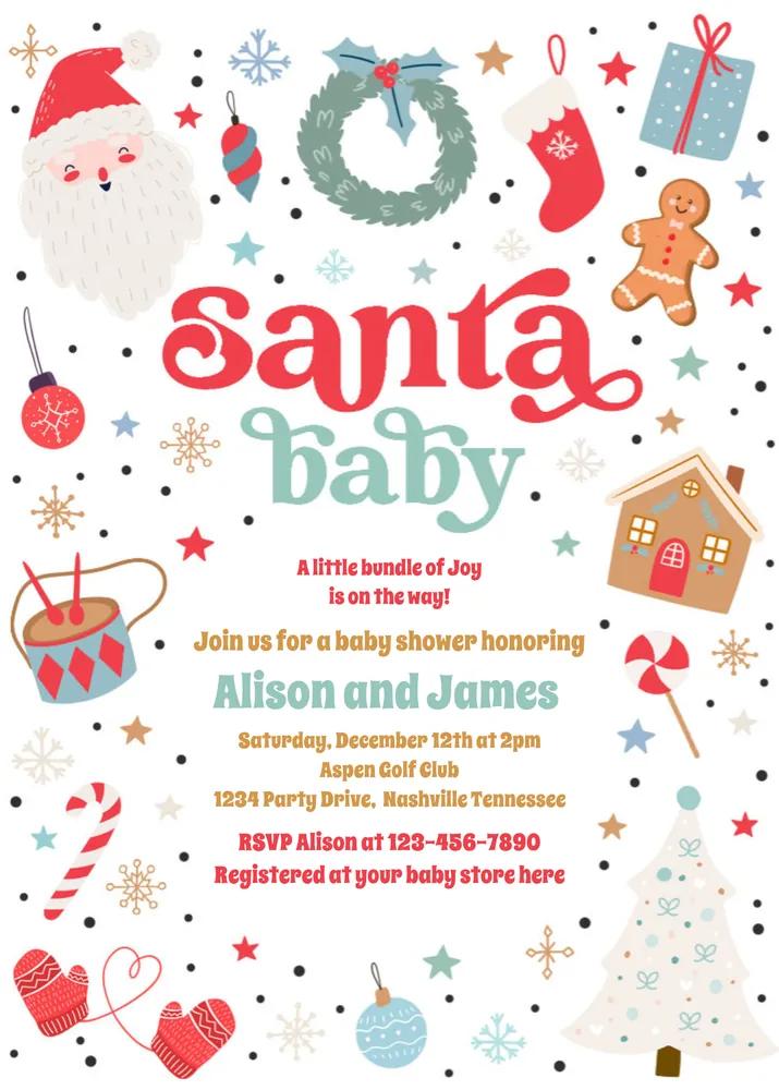 Santa Baby Blue Boy Christmas Baby Shower Invitation Editable Canva Template