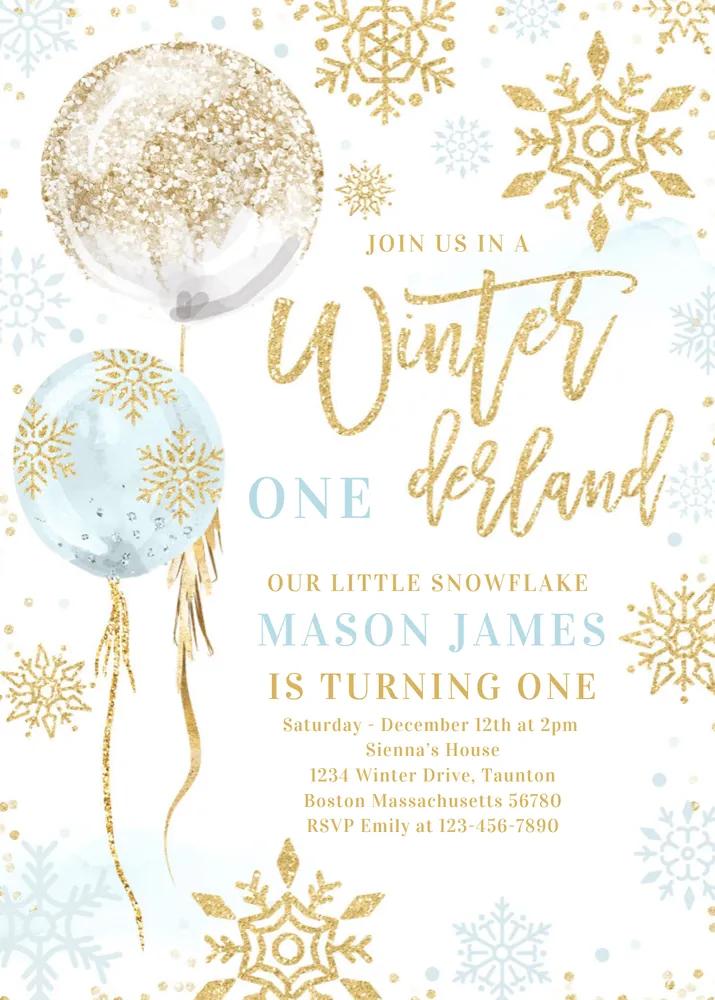Winter Onederland Birthday Invitation Blue Gold Snowflake Canva Template