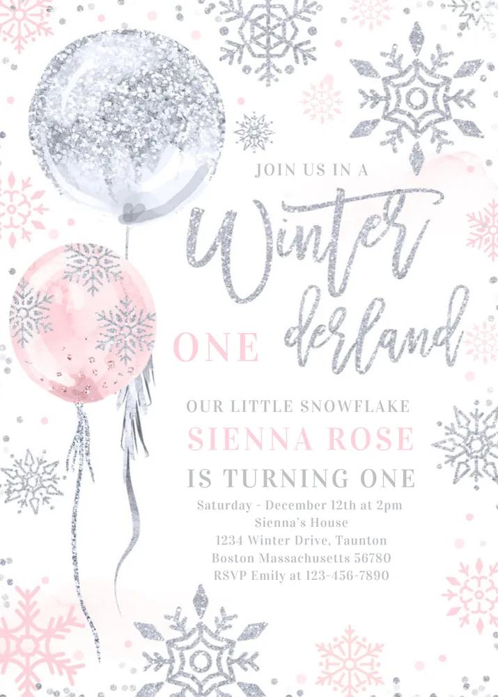 Winter Onederland 1st Birthday Invitation Canva Template Pink Silver Snowflake