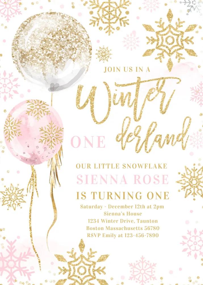 Winter Onederland Birthday Invitation Pink Gold Snowflake Canva Template