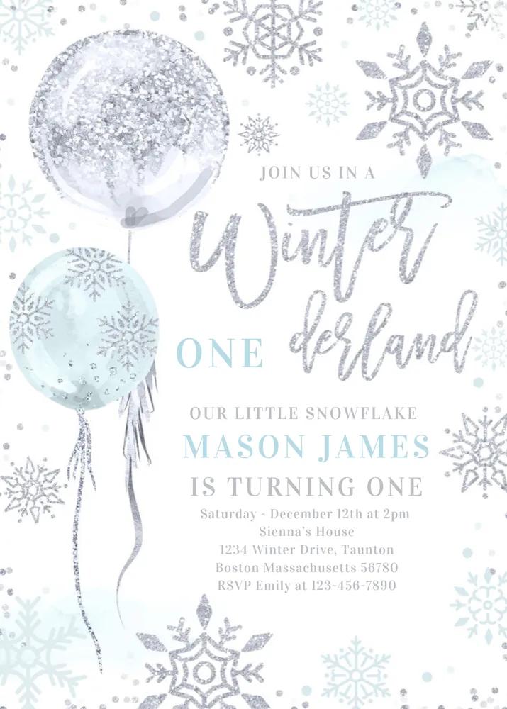Winter Onederland Birthday Invitation Canva Template Blue Silver Snowflake