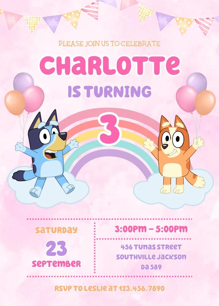 Bluey and Bingo Pink Birthday Invitation | Editable Canva Template