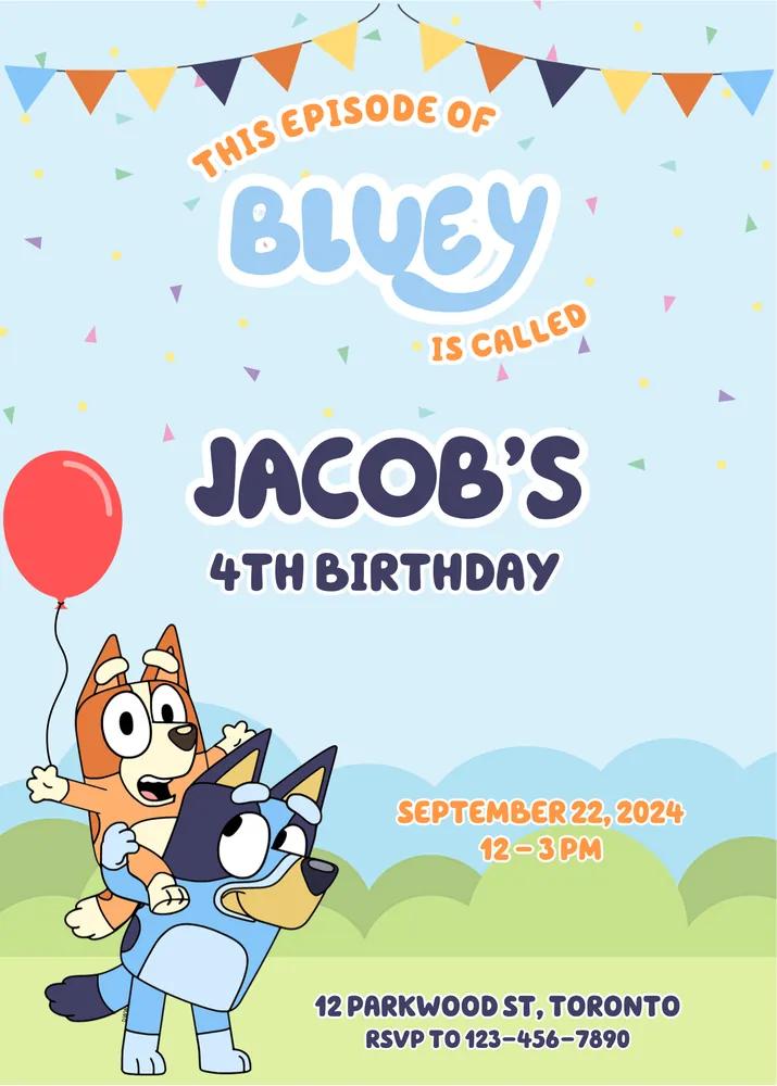 Bluey and Bingo Birthday Invitation | Editable Canva Template | Blue Cake Theme