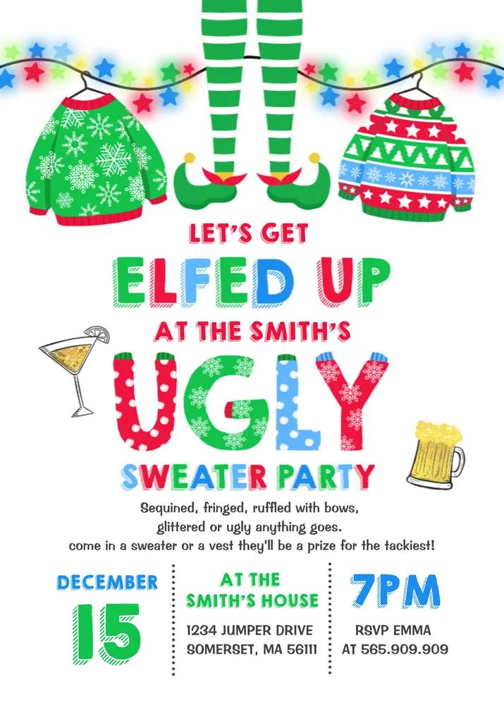 Ugly Sweater Party Invitation Canva Template | Funny Christmas Elfed Up Invite