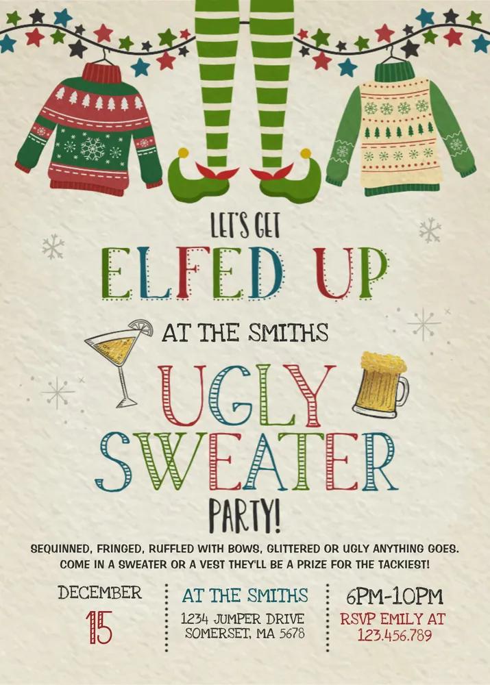 Ugly Sweater Party Invitation Canva Template, Christmas Elfed Up Invite