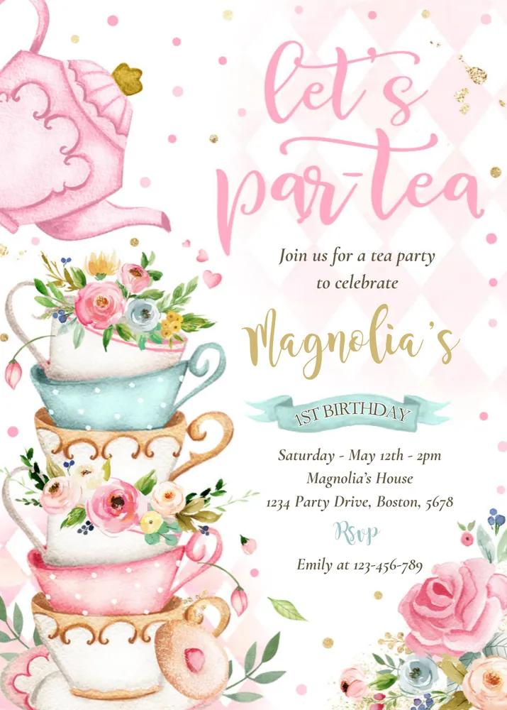 Tea Party Birthday Invitation Girl Pink Gold Floral Par-tea Canva Template