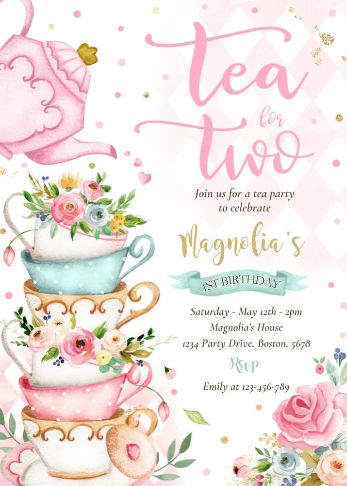 Tea for Two Birthday Invitation Pink Floral Editable Canva Template