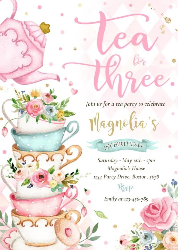 Pink Floral Tea For Three Birthday Invitation Canva Template