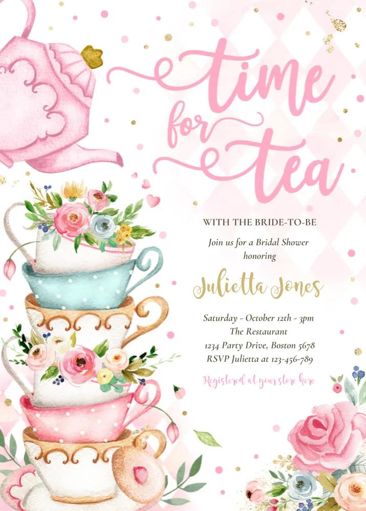 Bridal Shower Tea Party Invitation - Pink & Gold Floral Canva Template