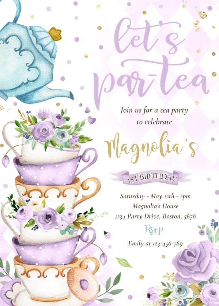 Purple and Gold Tea Party Birthday Invitation Canva Template - Floral Par-tea