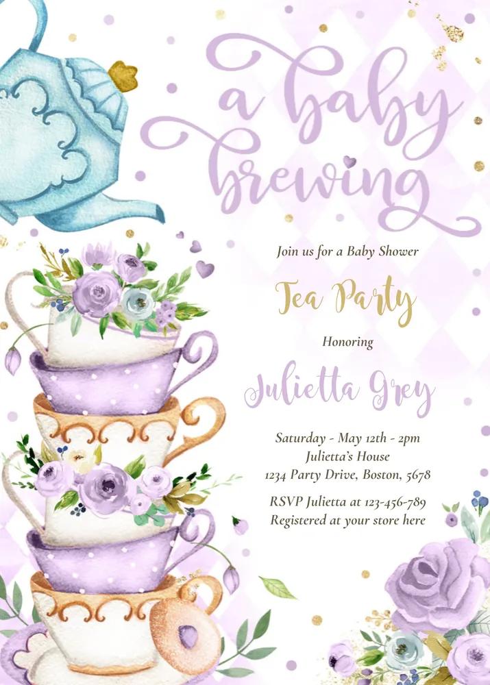 Lilac Rose Baby Is Brewing Tea Party Invitation Canva Template