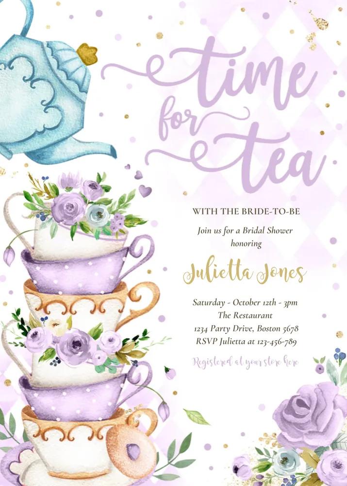 Purple and Gold Floral Bridal Shower Tea Party Invitation Canva Template