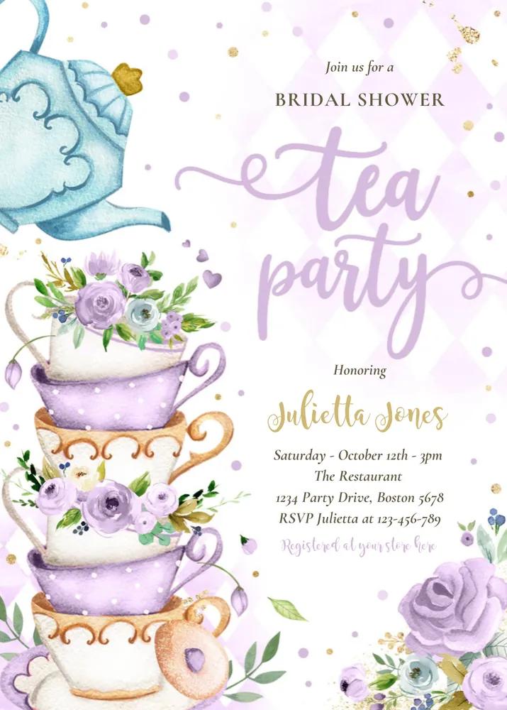 Bridal Shower Tea Party Invitation Purple Gold Floral Canva Template