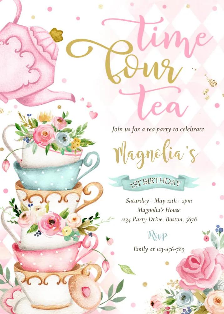 Time Four Tea 4th Birthday Invitation, Pink Floral Girl Tea ParTEA Canva Template