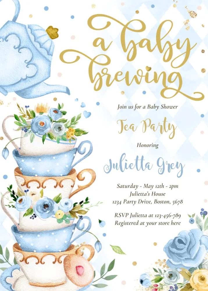 Blue Roses A Baby Is Brewing Tea Party Baby Shower Invitation Canva Template