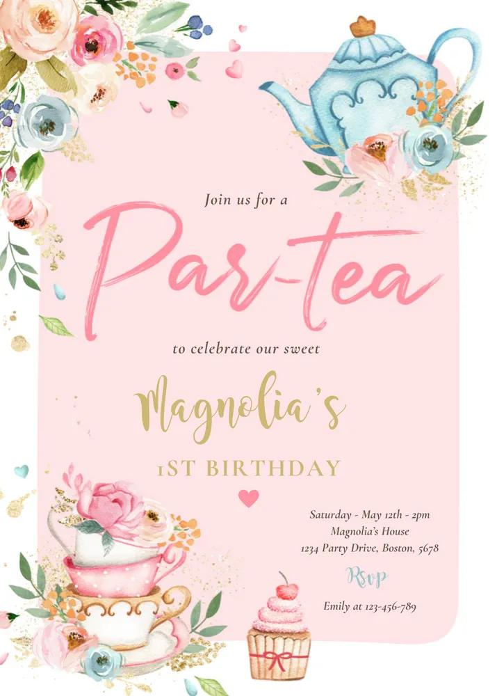 Editable Pink and Gold Floral Tea Party Birthday Invitation Canva Template