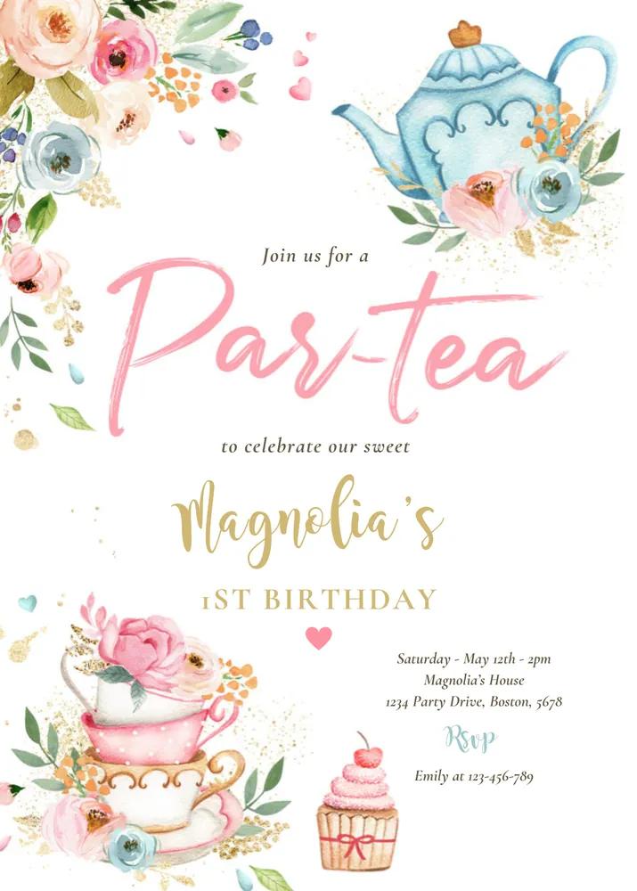 Editable Pink and Gold Floral Tea Party Birthday Invitation Canva Template
