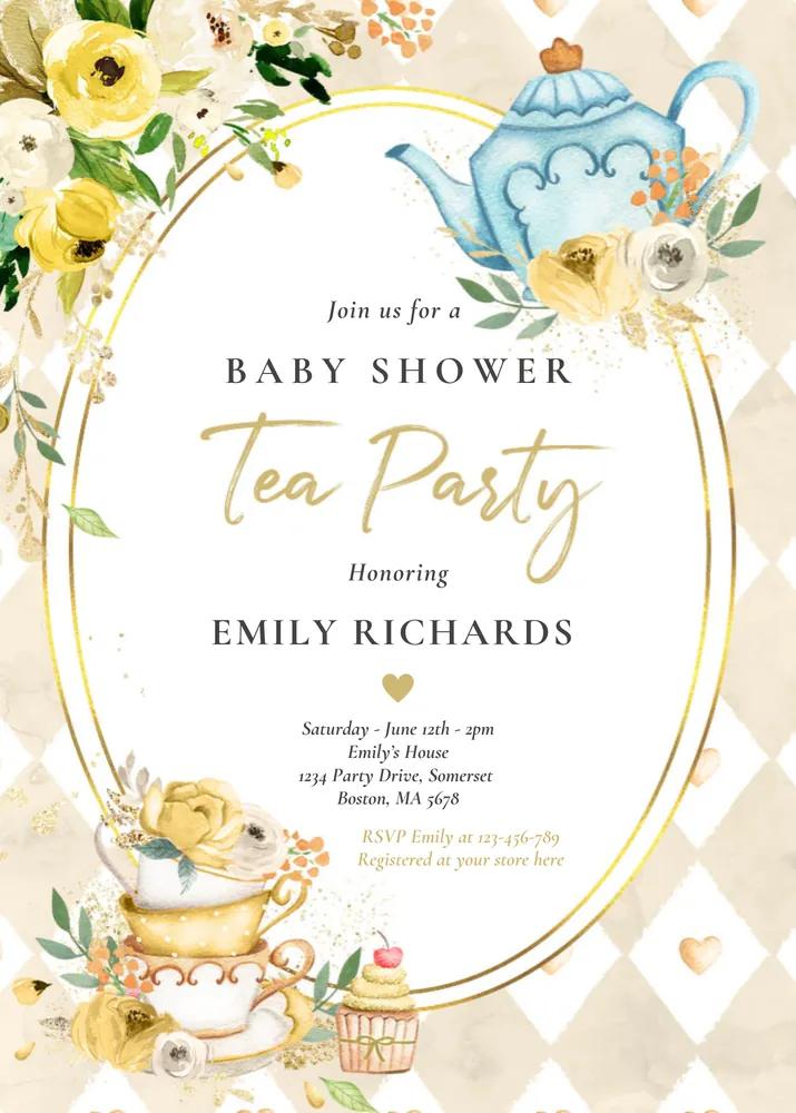 Gender Neutral Tea Party Baby Shower Invitation | Editable Canva Template